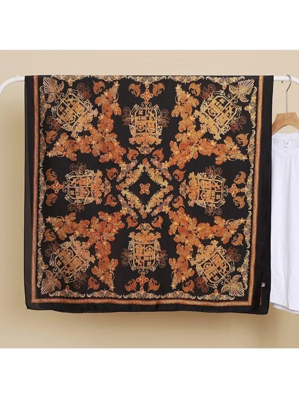 Women's Brown Lightweight Silk Like Scarves Flower Print Head Cotton Wrap Scarf